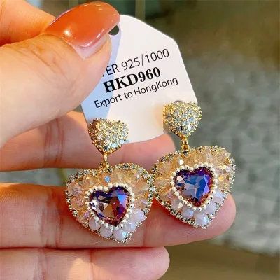 Fashion 925 Silver Needle Jewelry Luxury Colorful Crystal Handmade Heart Flower Drop Rhinestone Statement Earrings for Women