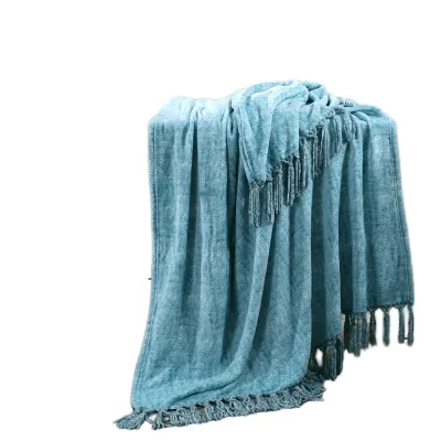 FY Print Luxury Raschel Blanket Chenille Tassels Woven Flannel Fleece in Beige Deep Blue Light Blue for Winter Comfort