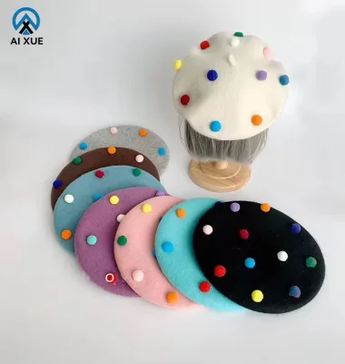 2025 Wholesale Beret Hats Candy Colors Customized Wool Beret Winter Hats Little Plush Ball Sweet Beret Hats for Kids Children