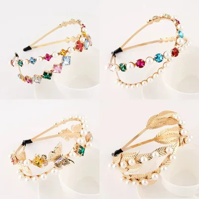 Double Layers Women Hairband Wedding Bride Dinner Rhinestone Crystal Pearl Gemstone Baroque Premium Rhinestone Headband
