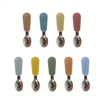 Food-grade Silicone Stainless Steel Round Head Short Handle Infant Toddler Feeding Training Spoon 11.6cm Length
