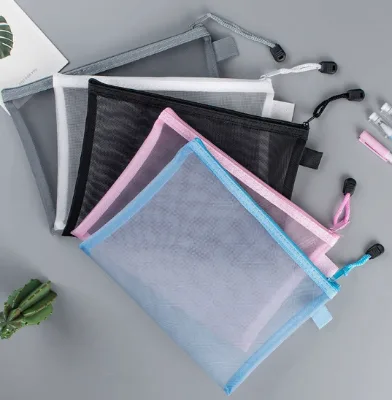 Customized a 4 a 5 size simple mesh file gift bag Makeup storage bag with printed logo. Office student pen bag with zipper.