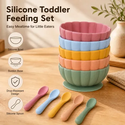 Custom Logo Shell Shape Heat Resistant Toddler Spoon and Bowl Set BPA Free Silicone Baby Feeding Bowls with Suction Base