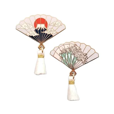 Newest Best Seller Ancient Customs Pink and Black Flower Sakura and Cat Cartoon  Fan Inspired Enamel Pin with Tassels