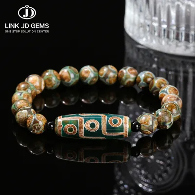 JD GEMS Tibetan Natural Agate Dzi Beads Fengshui Protective Green 9 Eye Dzi Classic Barrel Bead Bracelet CNAS Certified for Men
