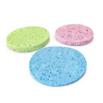 Custom Packaging Round Cellulose Sponge Natural Wood Pulp Facial Cleaning Pad Soft Water Absorbent Compressed Cleaning Sponge