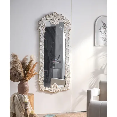 Antique White Wall Mirror Vintage Wooden Frame with Carved Baroque Details, Decorative for Living Room, Bedroom