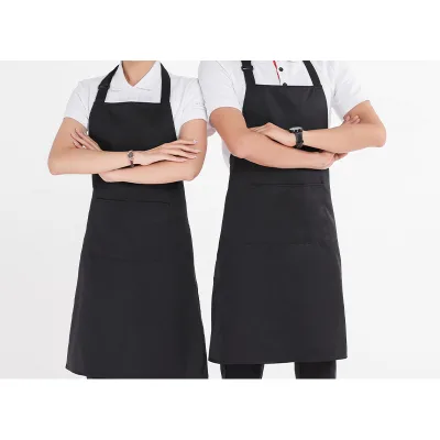 HBC 100% Polyester Black Adjustable Bib Apron With 2 Pockets Cooking Kitchen Aprons for Women Men Chef