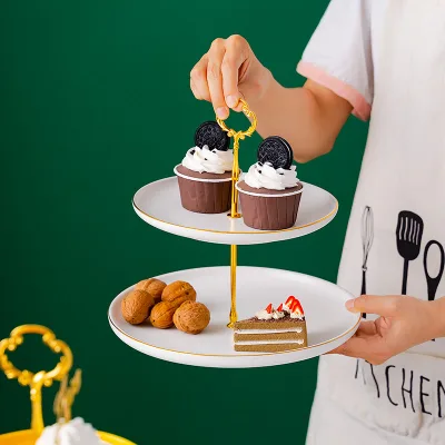 Simple Style Luxury Gold Rim Ceramic Cake Display Stand Porcelain Dessert Stand Wedding Cake Stand