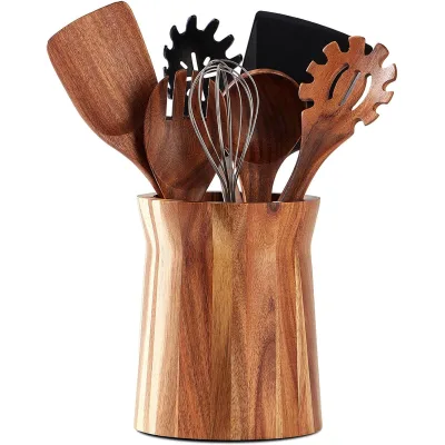 Wooden Utensil Holder for Countertop 360° Rotating Kitchen Utensil Holder Wood Cooking Utensil Holder for Farmhouse