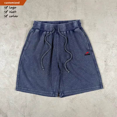 Custom Logo Printing Sports Relaxed Fit Vintage 260GSM 100% Cotton Waffle Weave Shorts for Men