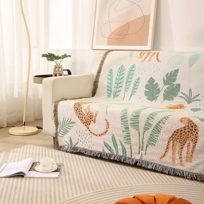 Modern Eco-Friendly Leisure Blanket Artistic Jungle Leaf Decorative Throw Nordic Fringed Polyester Woven Sofa Coverlet
