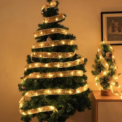 Gold and Silver LED Ribbon String Lights Battery-Powered for Indoor/Outdoor Christmas Tree Decoration at Holiday Parties