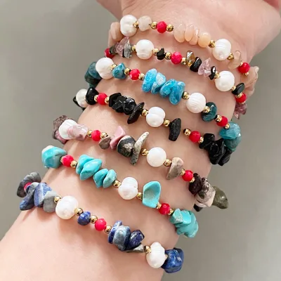 Hot Sale Irregular Crushed Stone Beaded Bracelet Women's Fashionable Pearl Splicing Natural Stone Beads Stainless Steel Bracelet