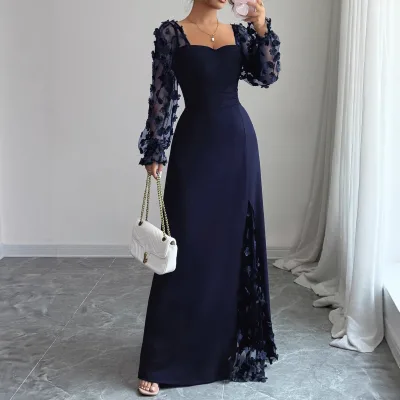 2026 Summer Square Collar Elegant Flower Lace See Through Long Sleeve Solid Dress for Women