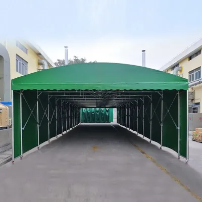 Large Outdoor Push-Pull Telescopic Sliding Tent PVC Rainproof Movable Shelter for Warehouse Wood Frame