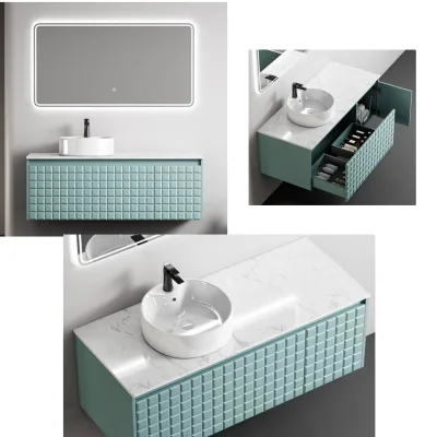 Mint Green 3D Grid Textured Wall-Mounted Bathroom Vanity with Round Vessel Basin And Sintered Stone Countertop