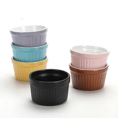 Nordic Bake Ware Bowls Restaurant Small Ceramic Cake Ramekin Tomato Sauce Dipping Bowl Stripe Cup for Baking