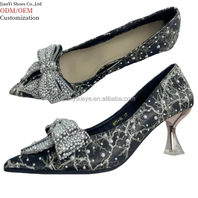 High Quality 5cm Bow Decorated Bridal Shoes Customized Logo Fashionable Pointed Toe Design Rhinestone Sparkling Pearl Summer