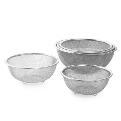 Kitchen Multi Purpose Fruit Vegetable Filter Basket 5pcs Stainless Steel Mesh Strainer Set With Metal Standing Bottom Colander