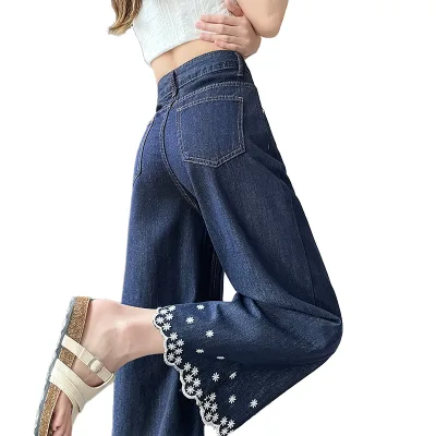 Embroidery Winter Autumn Summer High-waisted Comfort Ankle-Length Loose Denim Pants Breathable Eco-Friendly Nylon Cotton Blend