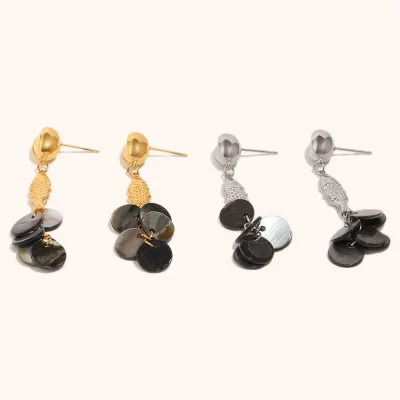 European American Long Fish Shell Tassel Stud Earrings 316L Stainless Steel 18K Gold Plated Trendy Geometric Retro Unisex