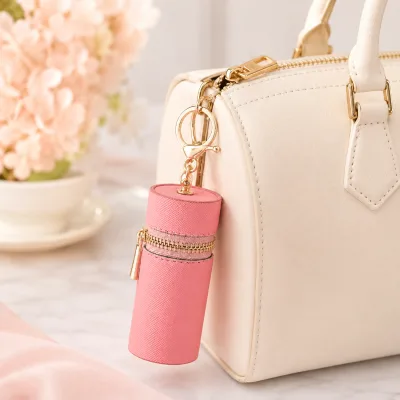 Fashion Handbag Charm Lipstick Holder Keychain Portable Cosmetic Carry Case for Daily Use Lipstick Case Leather Keychain