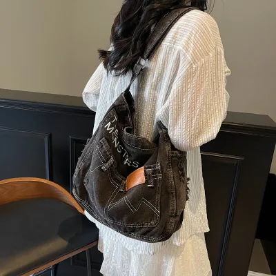 Cross-border 2026 Summer New Arrival Women's Casual Artistic Denim Bag PU Polyester Zipper Stylish Minimalist Shoulder