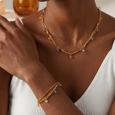 Fashion Women's Korean-style Necklace and Bracelet Set with Intertwined Colored Zirconium and Stainless Steel, Factory Wholesale