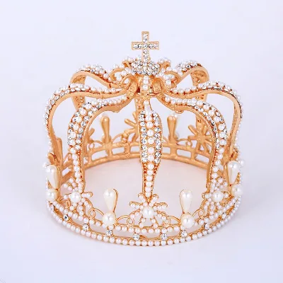 Pearl Full Circle Large Crown European and American Cross Crown Bridal Tiara Crowns