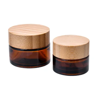 Amber Glass Cream Jar Bamboo Wooden Screw Cap for High Quality Eye Face Cream-Cosmetic 5g/15g/30g/50g/100g Silk Screen Printing