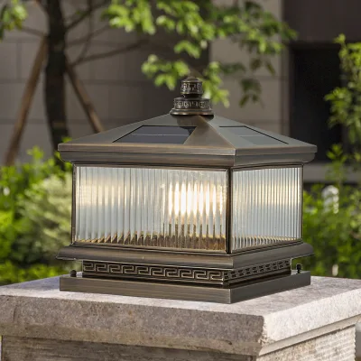 Solar Halogen Antique Classical European Bronze Aluminum Outdoor Waterproof IP65 Pillar Lamp Double Light for Fence Gate