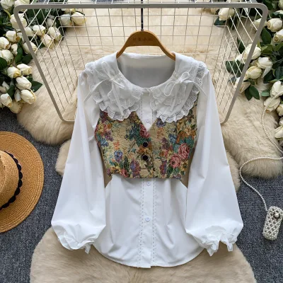 Women's Spring Autumn Long Puff Sleeve Lace Trim Bow Collar Faux Two Piece Floral Jacquard Vest Overlay Casual Blouse Top