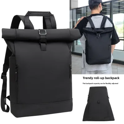 Unisex Roll-Top Backpack Large Capacity Water-resistant Breathable Polyester Laptop Bag Men's Daypack Black Outdoor Summer