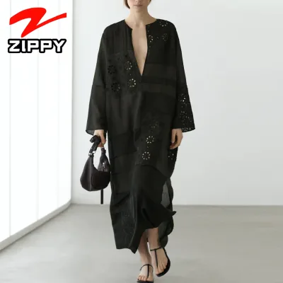 ZIPPY OEM Customized High Quality Blend Maxi Dress Flowing Cutwork Embroidery Patchwork Long Sleeve Loose V Neck Long Dress