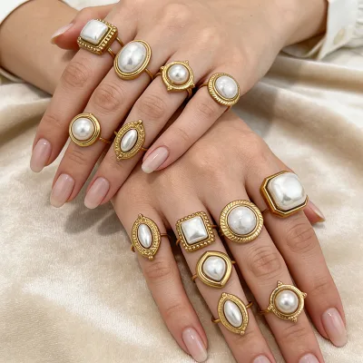 OEM Custom Jewelry 18K Gold Plated Stainless Steel Imitation Pearl Ring Vintage Baroque Stackable Statement Ring for Women