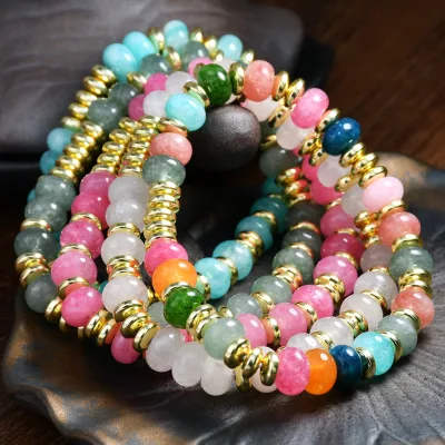 Style Women's Fashion Pink Crystal Beaded Bracelet High-End Colorful Agate Elastic Jewelry Gift Fashion Holiday New Arrival