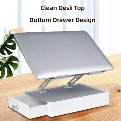 Foldable Metal Laptop Stand Riser with Storage Drawer, Height Angle Adjustable Computer Holder for Laptop Tablet Home