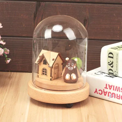 Creative Students Gift Cartoon Wind up Rotating Glass Dome Music Box with Lamp