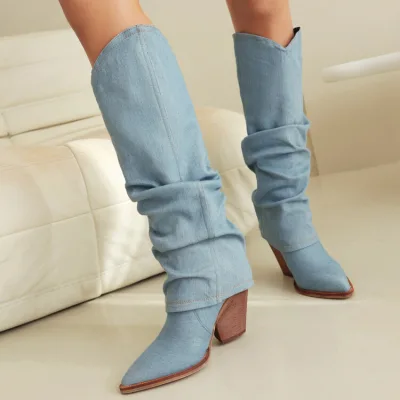 Womens Knee High Boots Denim Fleece Lined Rubber Sole Slouchy Block Heel Winter Fashion Shoes for Women in Black or Light Blue
