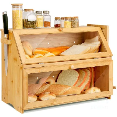Natural Bamboo Bread Box 2 Tier Bread Storage Box with Bread Cutting Board