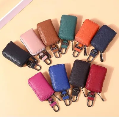 Genuine Leather Car Key Chain Keychain Holder Metal Hook and Keyring Zipper Bag Car Key case for Remote Key Fob