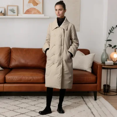 Women's Long Winter Casual Down Jacket Warm Coat with Plush Windproof Turn Down Collar Plus Size Double Breast Back Storm Flap