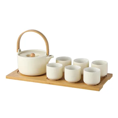 Modern Style Unique Bamboo Handled White Porcelain Teapot With Cup Set