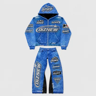 DiZNEW High Street Men Cyber Pop Denim Outfit Heavyweight Panelled Racing Jacket Flared Jeans Rhinestone Trousers OEM