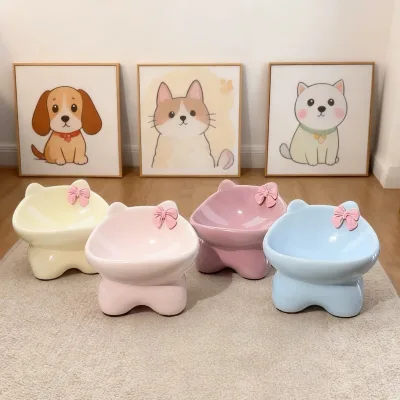 Ceramic Cat Bowl with Bow Decor High Elevated Tilted Pet Feeder Neck Protection Food Water Bowl Anti Slip Cute Dog Feeding Basin