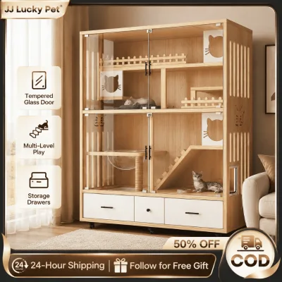 Space-Saving Corner Wooden Cat Villa Indoor Cat House Compact Multi-Level Design with Storage Drawer for Small Apartment Home