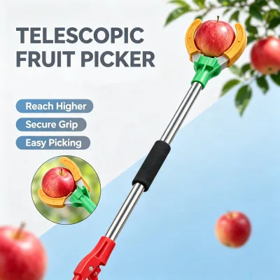 High Reach Fruit Picker | Anti-Bruise Soft Rubber 3-Claw Gripper | Stainless Steel Long Pole for High Branch Orchard Harvester