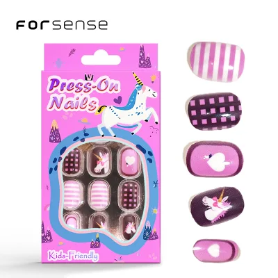 private label purple cute girls nail tips short oval abs fake nail pre glued press on nails for kids 8 to 9 cool unicorn designs