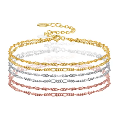 Handmade Dainty Double Layer Satellite Chain Adjustable Water Ware Bracelet Classic Style Rhodium Plated for Gift or Party